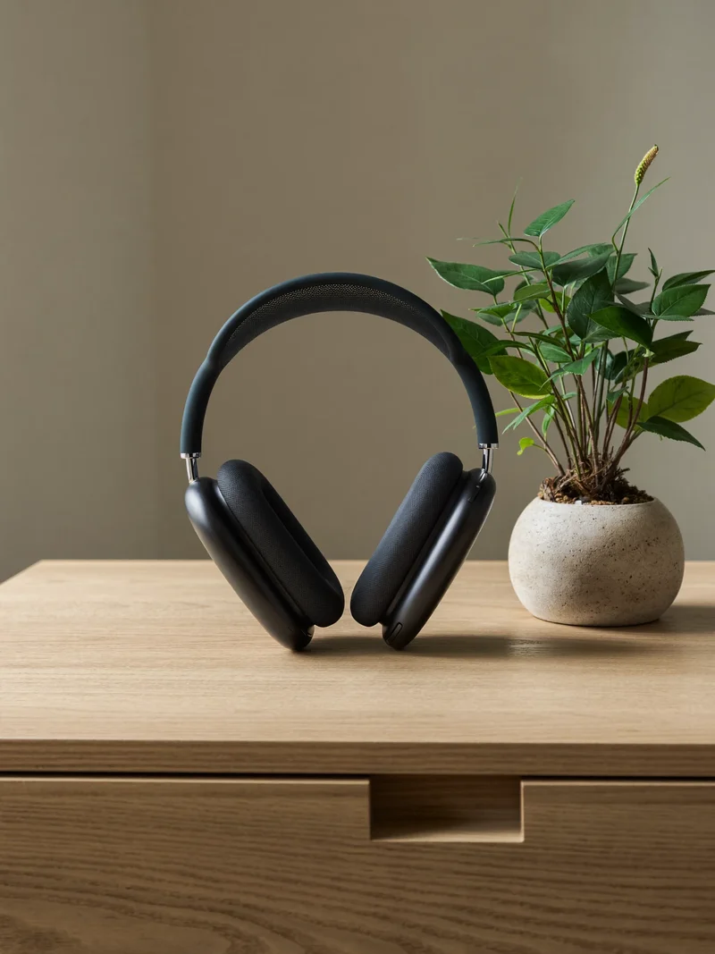 Matte over-ear-hovedtelefoner på et lyst egetræsbord ved siden af en lille plante